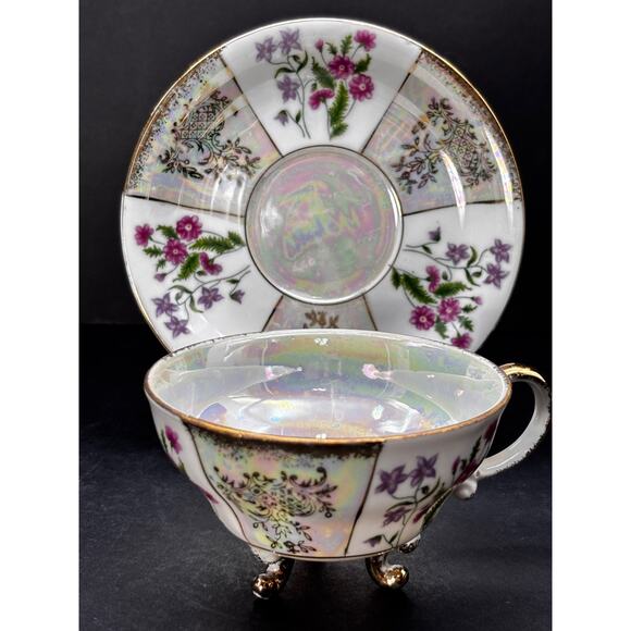 Vtg 3 Footed Teacup Saucer Pearlescent Irridescent Luster ware Floral Gold Trim - Picture 10 of 15